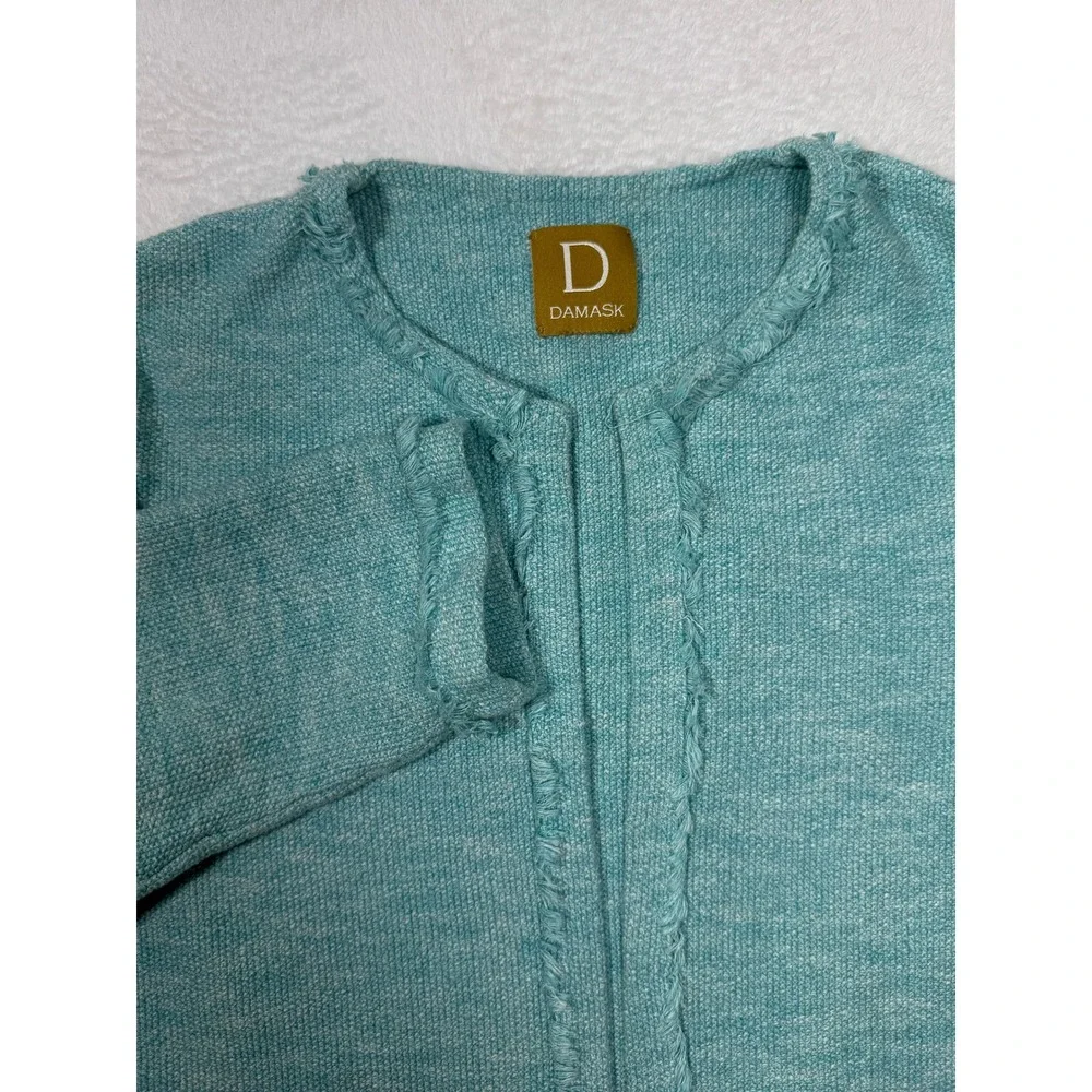 Viintage‎ Cardigan Sweater Blazer Women SP Teal Marl Knit Open Front Fringe Trim